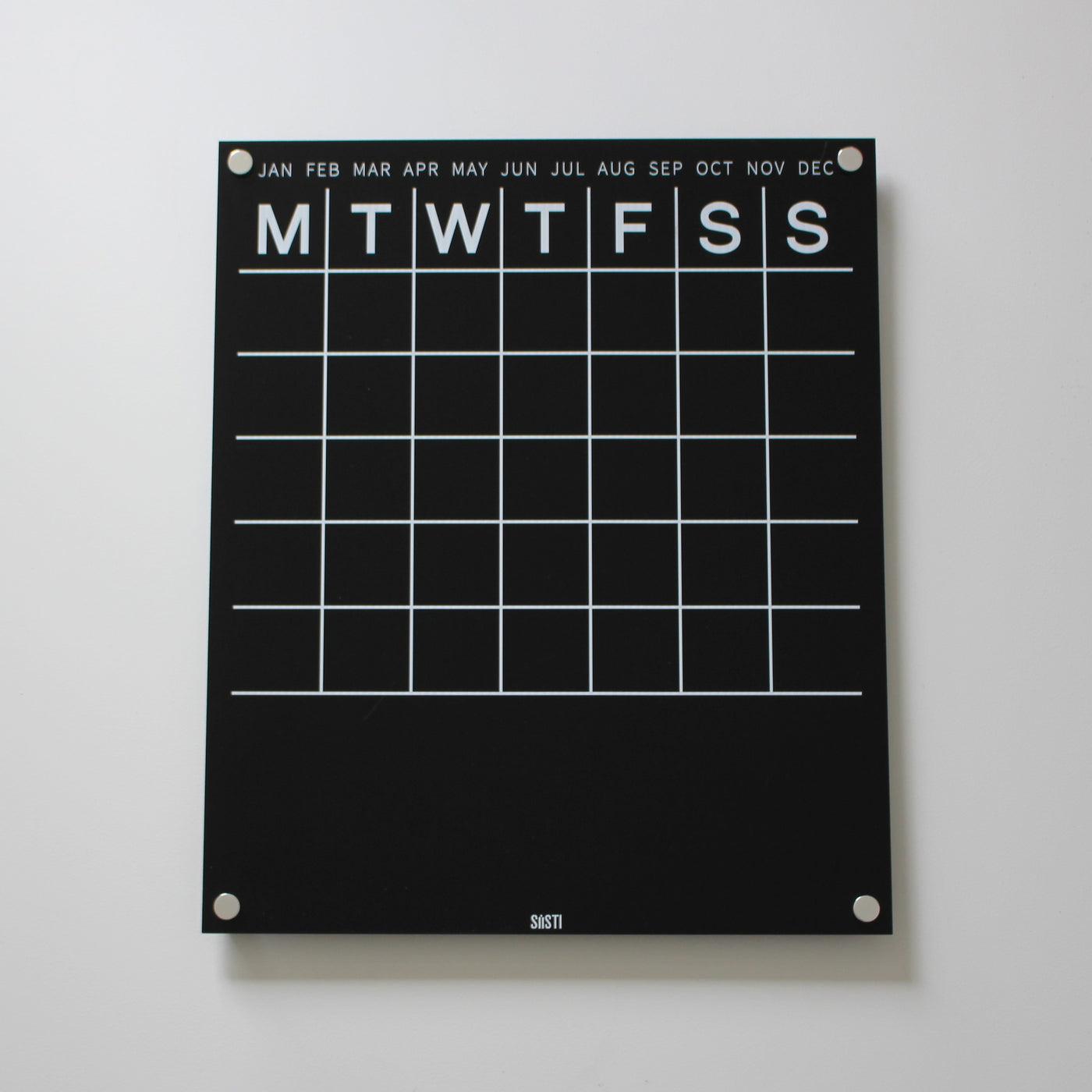 Black and white acrylic perpetual monthly wall calendar with notes