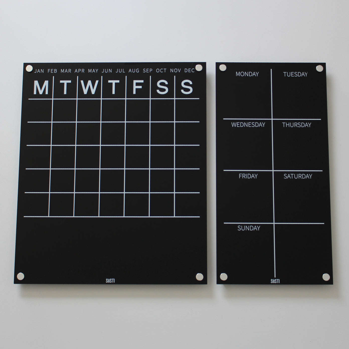 Black and white acrylic perpetual monthly wall calendar with notes